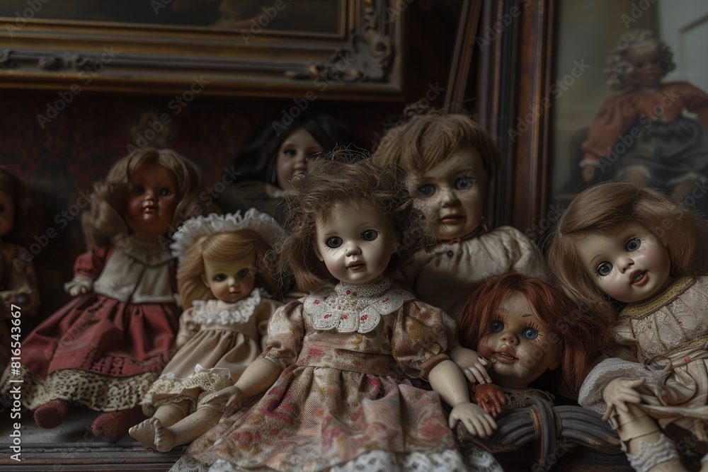A group of old, creepy looking dolls are lined up in a row