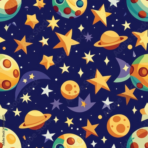 Seamless pattern of paper cutouts of celestial bodies like stars, moons, and planets, twinkling in the night sky, Generative AI