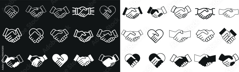 Handshake icon vector set, black and white hand shake vector in diverse ...
