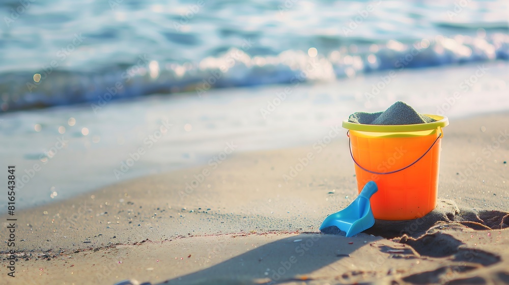 a children's colored bucket with sand on the beach a children's colored bucket with sand on the beach
