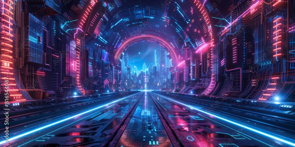 Sci-fi Metropolis with Blue and Pink Neon lights. Sci-fi Metropolis with Blue and Pink Neon lights.