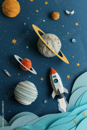 Flying rocket in space with planet and stars. Science concept inspiration. Paper art cartoon. Modern origami design template. photo