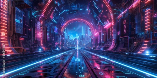Sci-fi Metropolis with Blue and Pink Neon lights.