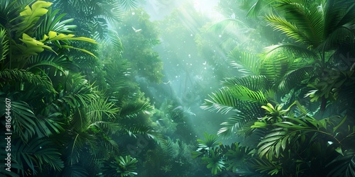 Tropical Jungle Background. Atmospheric Wallpaper with Lush  Tropical Vegetation.