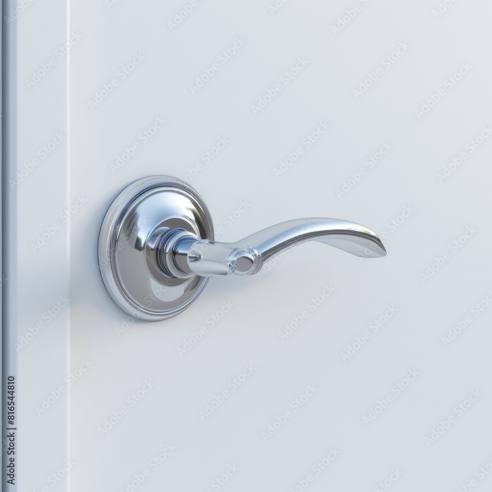 Close up of a chrome door handle mounted on a white door Close up of a chrome door handle mounted on a white door