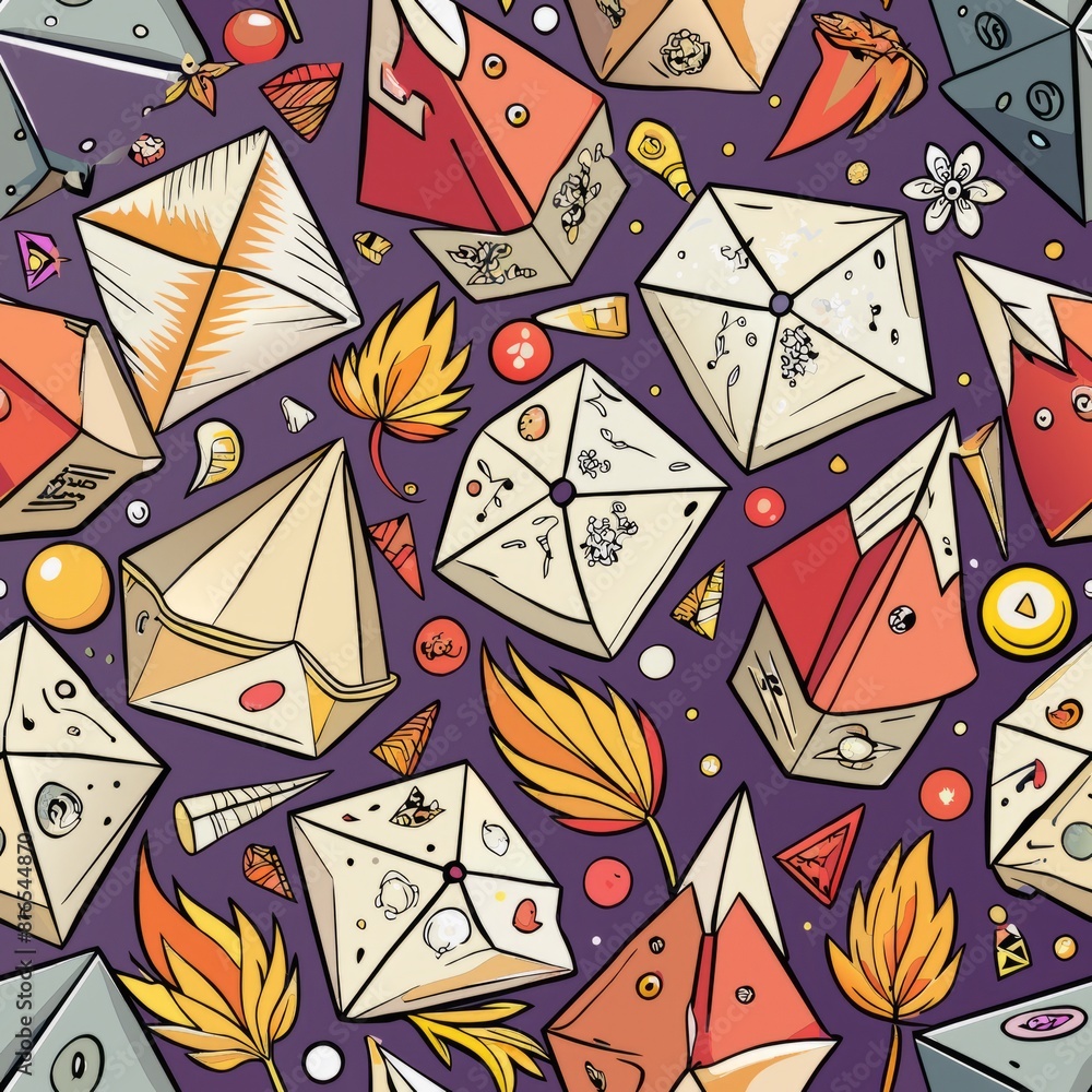 Seamless pattern of paper folded fortune tellers and cootie catchers, filled with whimsical messages and predictions, Generative AI Seamless pattern of paper folded fortune tellers and cootie catchers, filled with whimsical messages and predictions, Generative AI