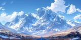 majestic mountain with snowy peaks and a clear blue sky, with a road leading towards it