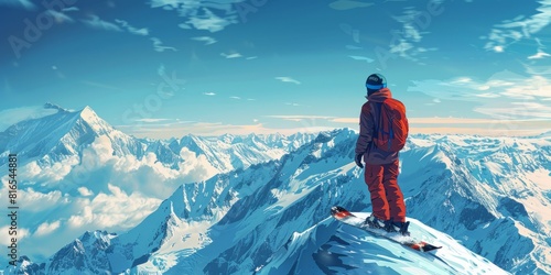 Person with snowboard on mountain peak © Павел Озарчук
