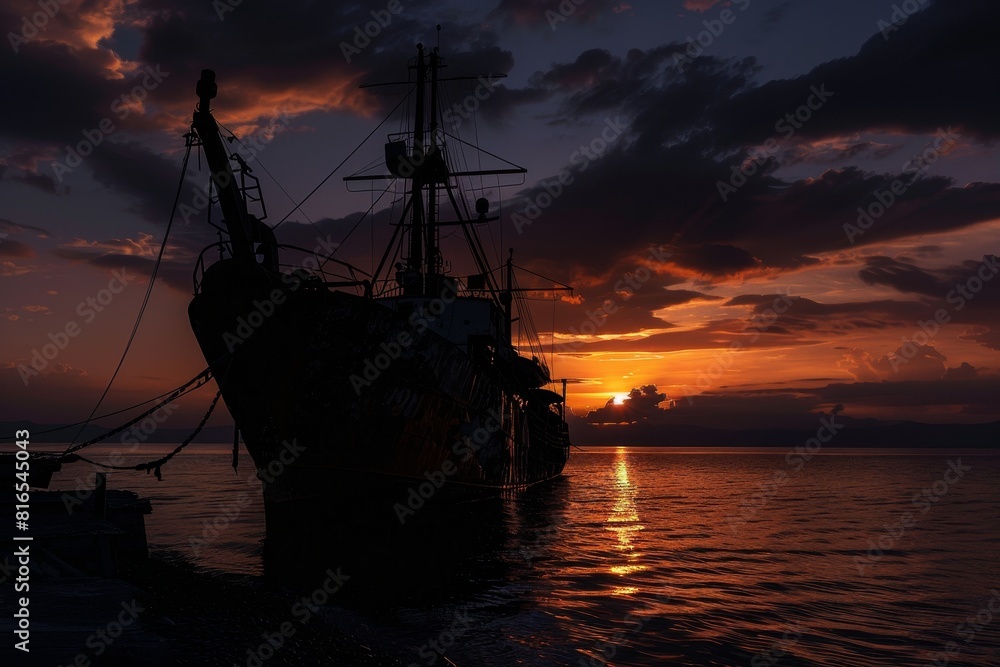 Obraz premium A large ship is silhouetted against a beautiful sunset
