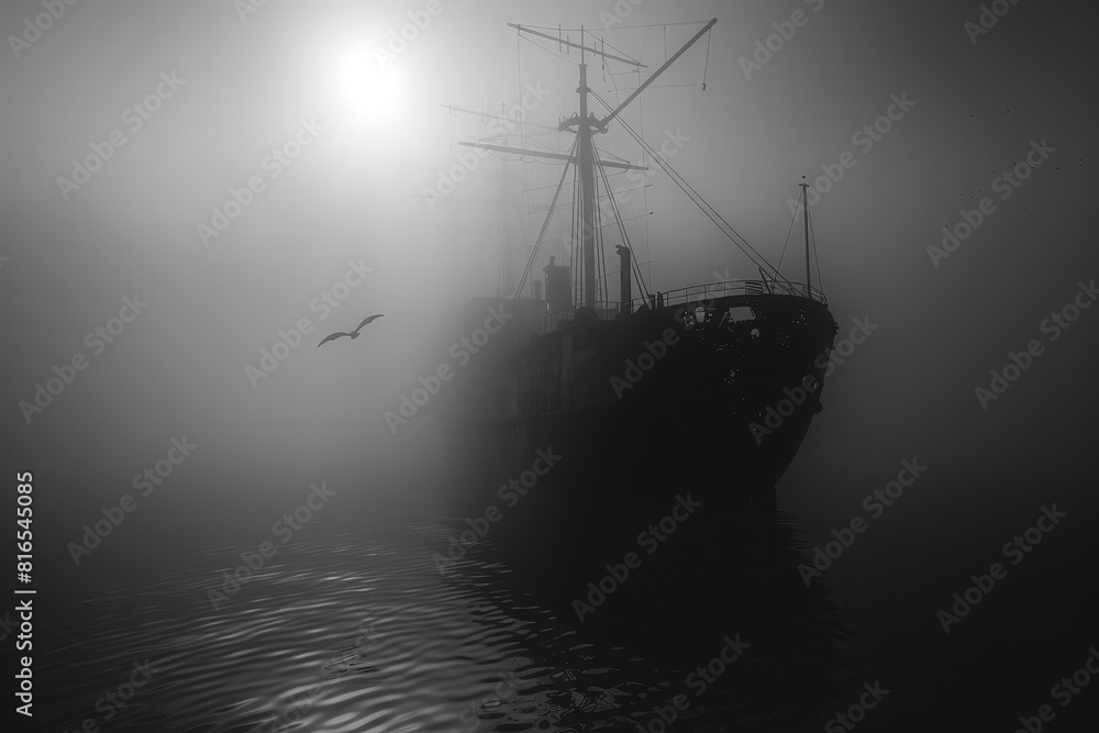 A ship is floating in the foggy water with the sun shining on it A ship is floating in the foggy water with the sun shining on it