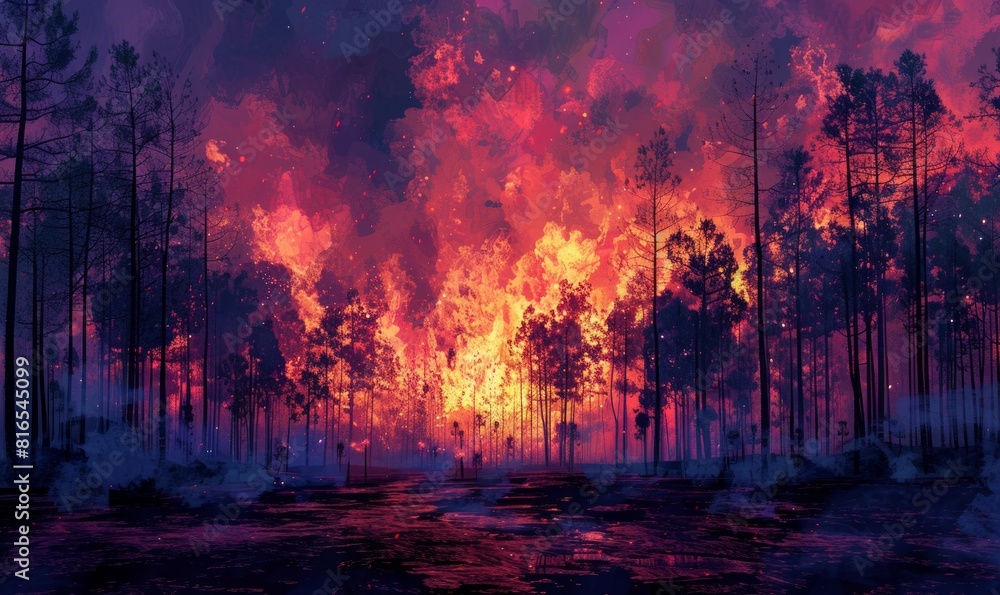 Intense Wildfire Engulfing a Forest at Dusk Generative AI image