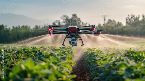 A drone spraying crops in agricultural