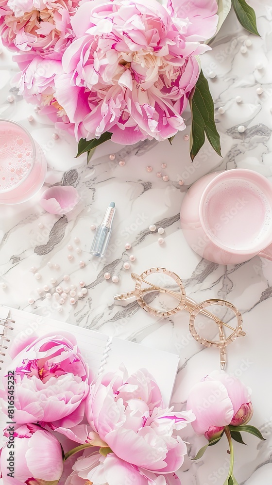 Feminine Elegance: Stock images feature an International Women's Day theme with a stylish peonies flat lay. Feminine Elegance: Stock images feature an International Women's Day theme with a stylish peonies flat lay.