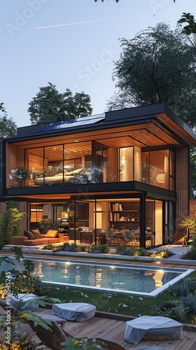Modern Night House with Solar Panels and Swimming Pool  A Sustainable Energy and Luxury Living Concept