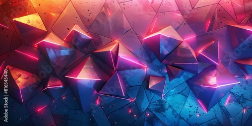 Neon Modern Surface with Tetrahedrons. Illuminated,