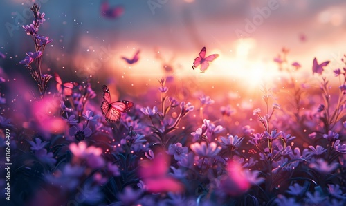 Dreamscape image with thousands of pink and purple butterfiles over a vibant spring flower field during sunset.