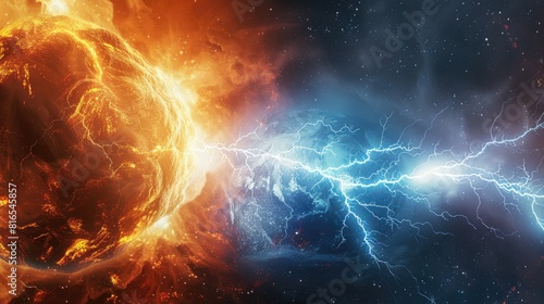 Earth apocalypse concept. Fire and ice space lightnings