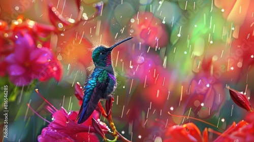Glittering blue, hummingbird, Campylopterus hemileucurus, Violet Sabrewing perched on red flower against abstract, colorful, pink and green tropical background photo