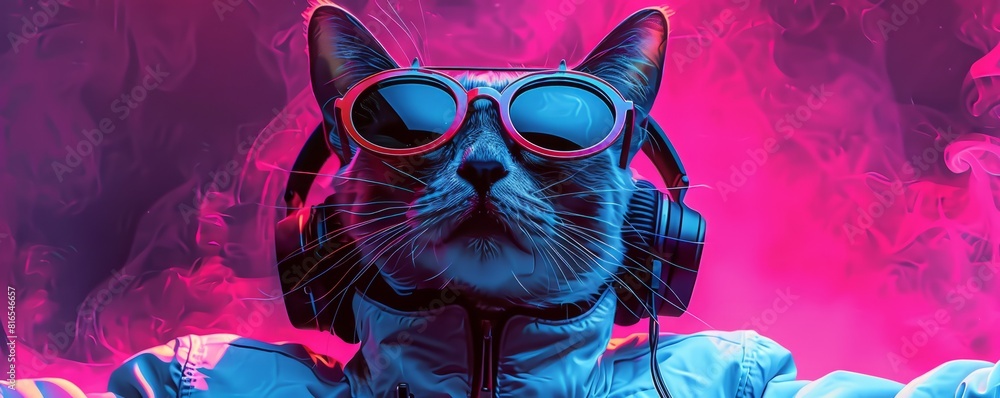 character with cat head in sunglasses and headphones wearing white jacket listening to music against pink and blue ... character with cat head in sunglasses and headphones wearing white jacket listening to music against pink and blue ...