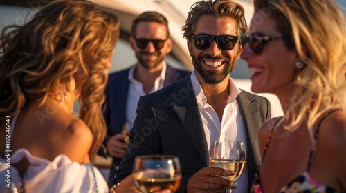 A group of individuals enjoying wine while aboard a yacht on the water