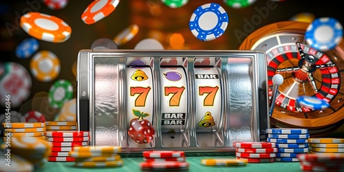 Casino slot machines with chips and lights in a gambling background. Concept Casino, Slot Machines, Gambling, Chips, Lights