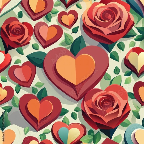 Seamless pattern of three-dimensional paper hearts and roses, blooming with love and affection, Generative AI