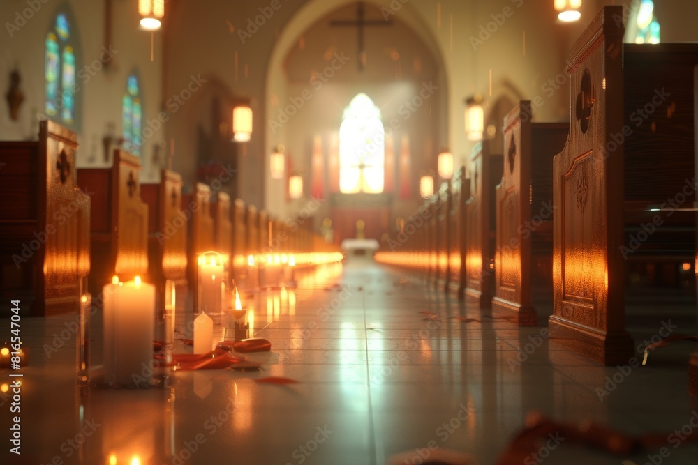A church with candles lit on the floor A church with candles lit on the floor