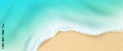 Water wave on sea sand beach 3d top view vector. Realistic ocean shore pattern with white foam and bubble on golden surface. Tropical summer vacation aerial banner design. Abstract travel illustration