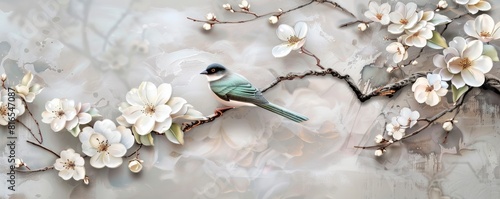 3D wallpaper background with white flowers and a green bird on a l branch.