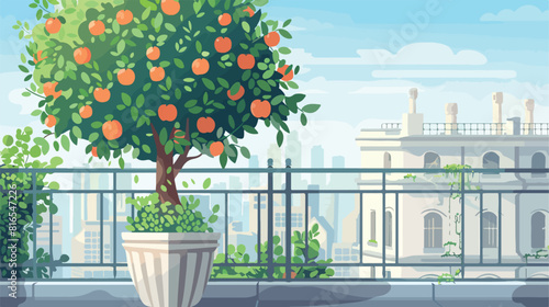 Fruit tree behind balustrade on sunny summer day photo
