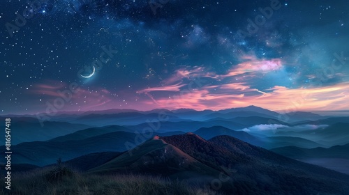 Depict a mountain ridge at twilight  with the last remnants of sunlight fading on the horizon. Above  a night sky emerges  adorned with stars  a crescent moon  and wispy clouds. Generative AI