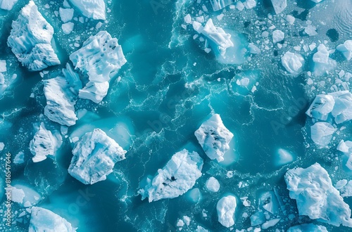 Top view of icebergs, blocks of ice in the water.