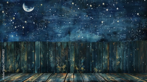 Night sky with stars and moon, wooden planks. Generative AI