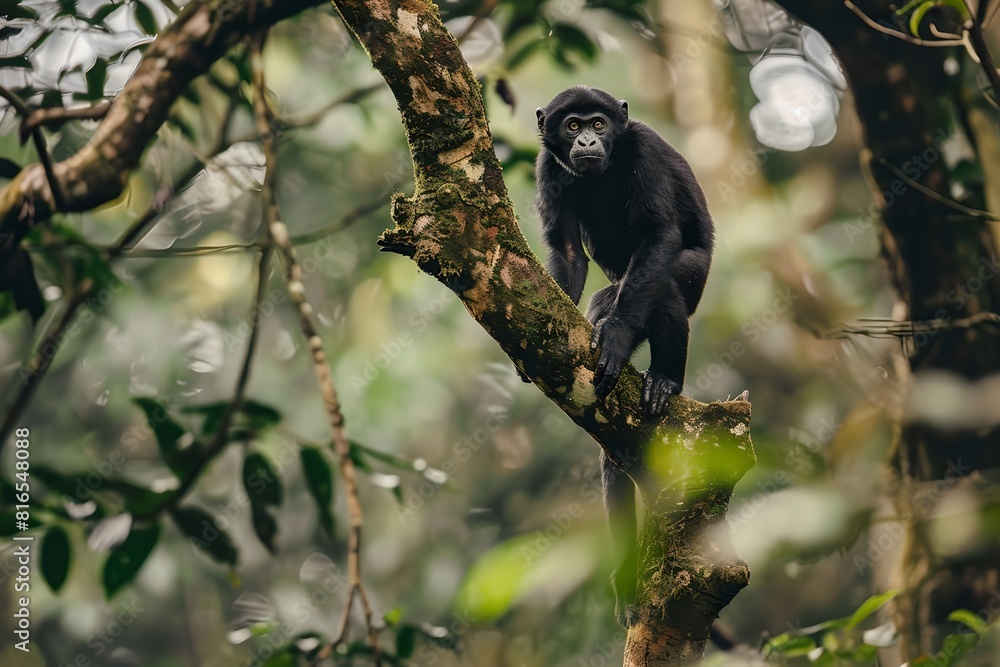 Majestic monkey perched on a lush tree branch in a dense forest. Wildlife in natural habitat. Ideal for nature-themed backgrounds. Generative AI Majestic monkey perched on a lush tree branch in a dense forest. Wildlife in natural habitat. Ideal for nature-themed backgrounds. Generative AI