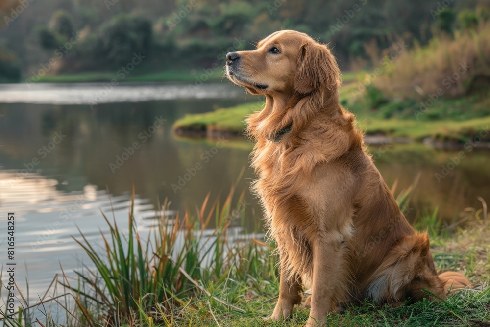 Peaceful scene of a Golden Retriever sitting by the lakeside, watching the water in quiet contemplation Peaceful scene of a Golden Retriever sitting by the lakeside, watching the water in quiet contemplation