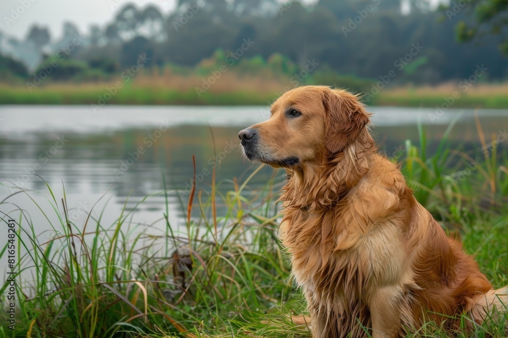 A Golden Retriever sits calmly at the edge of a lake, gazing peacefully out at the water A Golden Retriever sits calmly at the edge of a lake, gazing peacefully out at the water
