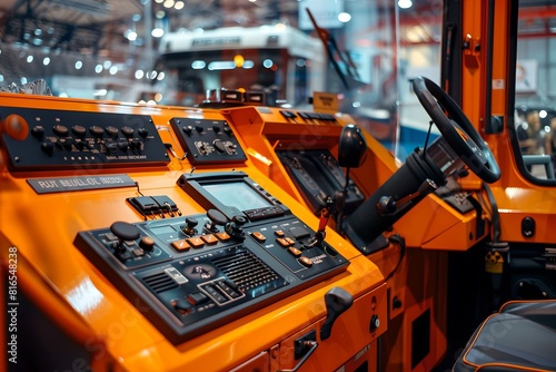 Close-up view of a heavy machinery control panel in warm light. Detailed and modern cockpit. Industrial equipment. Generative AI