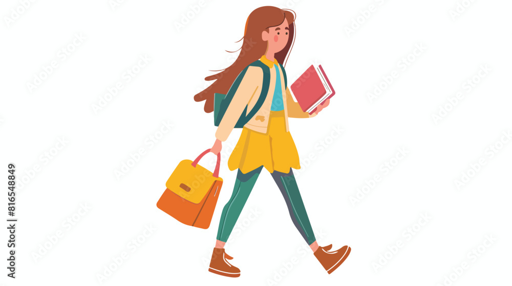Girl going to school with schoolbag and book in hand.