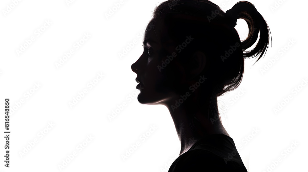 silhouette of a serious and confident young woman looking straight beautiful girl on a white isolated background concept beauty and fashion : Generative AI