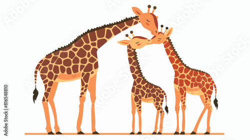 Giraffe family. Mother animal feeding cute funny little