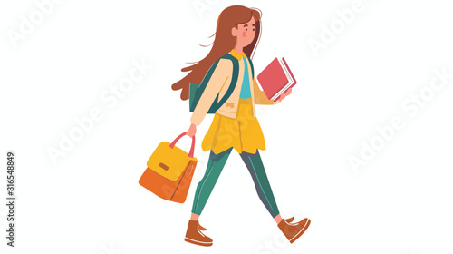 Girl going to school with schoolbag and book in hand. © Mishab