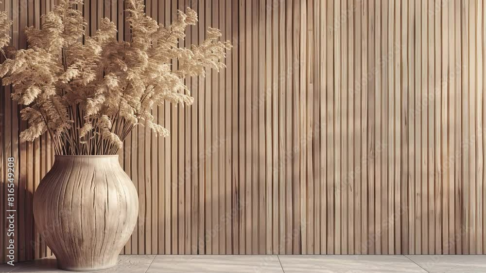 Interior of a house. Empty living room with dry grass bouquet in vase, with wooden wall and floor. Modern minimalist living room. Interior of a house. Empty living room with dry grass bouquet in vase, with wooden wall and floor. Modern minimalist living room.