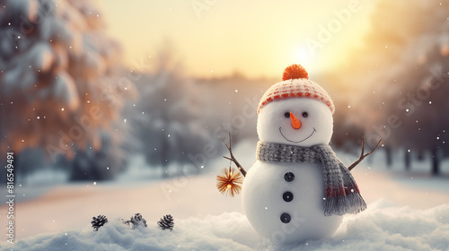 Landscape with snowman in the snow. Christmas season. Space for text © Kari