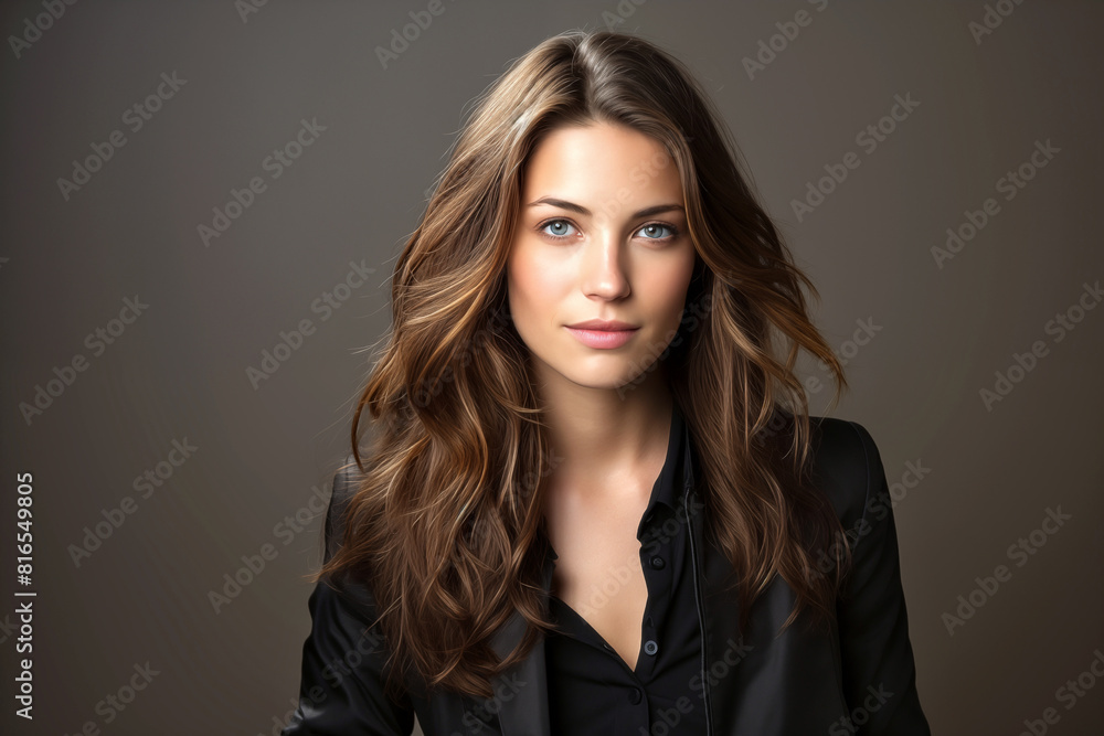 Portrait of a beautiful young brunette woman in black suit. Portrait of a beautiful young brunette woman in black suit.