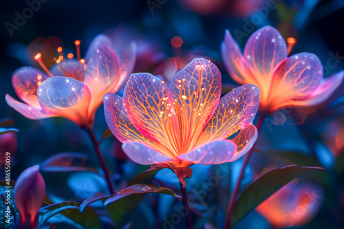 Blacklight botanical garden, exotic flowers glowing, enchanting and colorful
