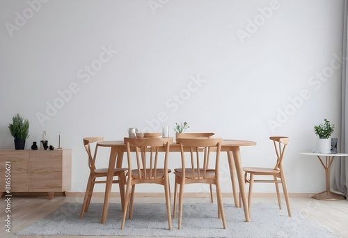 Cozy home living room interior with eating table and chairs  and stylish furniture. Mockup wall