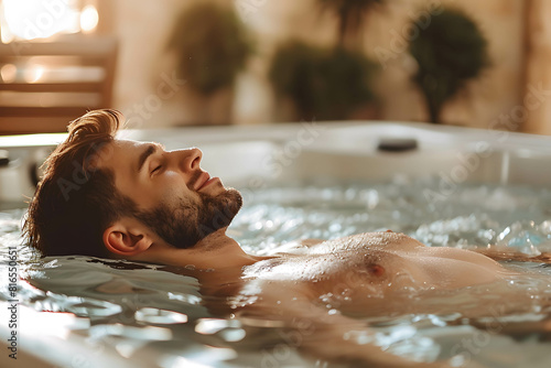Person meditating in a hot spring or warm water with steam rising, surrounded by nature for a deeply relaxing experience, enjoying and focus a moment of relaxation
