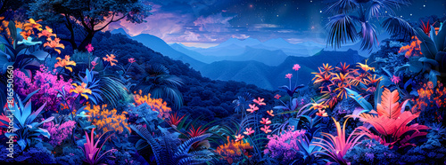 Blacklight jungle with glowing animals and plants