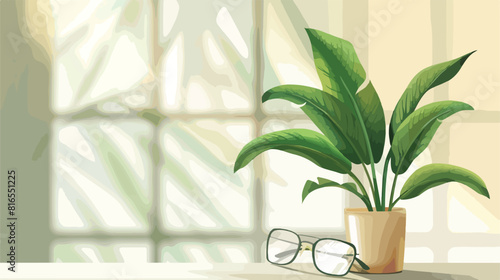Green plant with eyeglasses on table in living room
