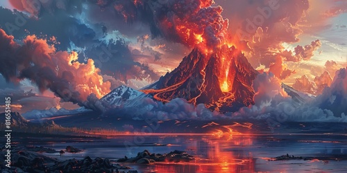Lava spurting out of crater and reddish reflection on cloud, lava flows, erupting volcano